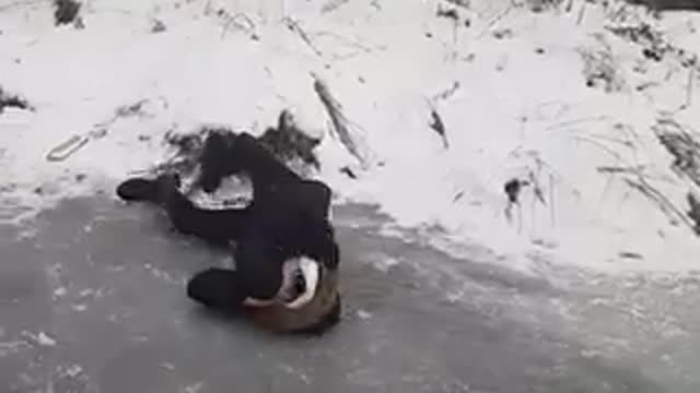Black hat and jacket tries to slide on ice and falls on head