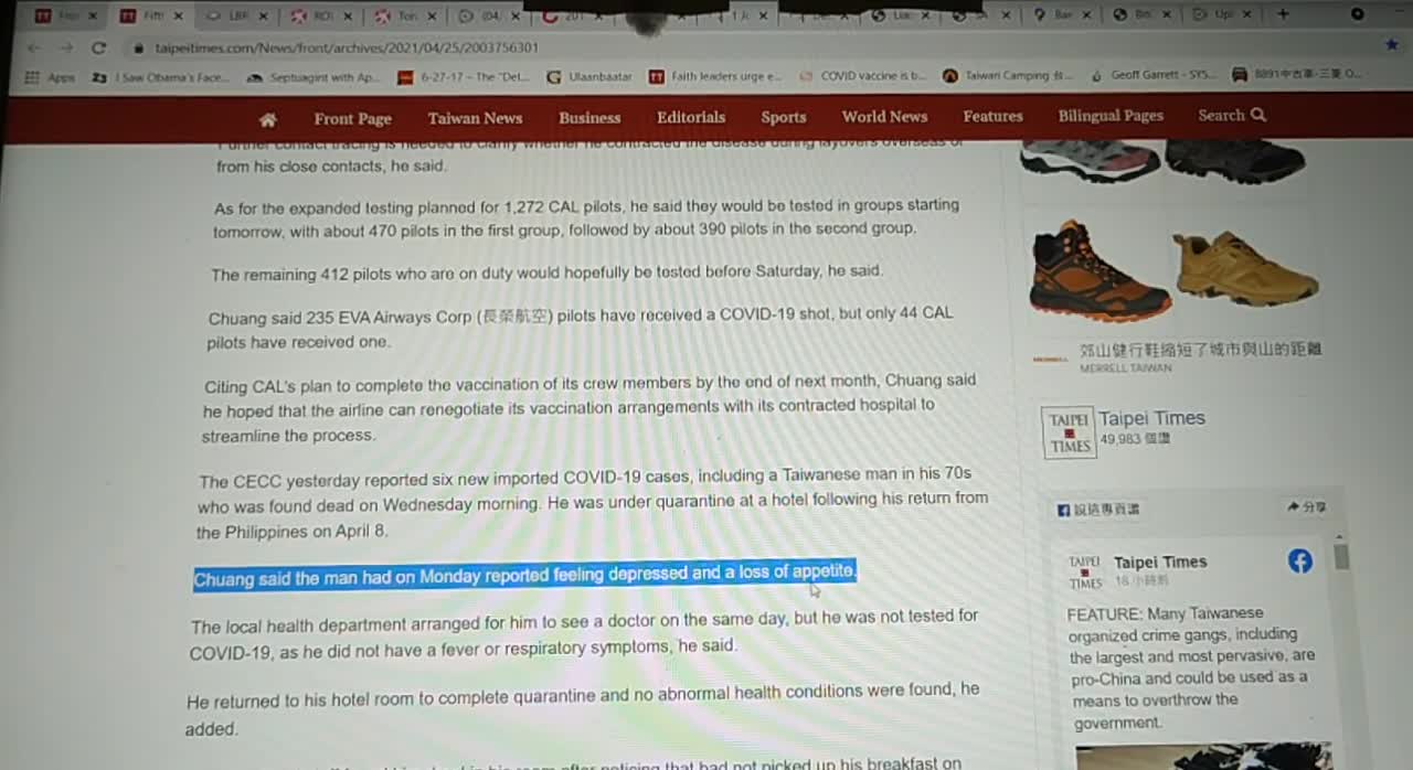 Media ramp up cases in Taiwan...while one man, 70 gets depressed in quarantine, dies....