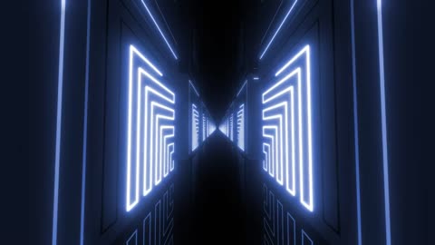Dark corridor between blocks with blue neon lights