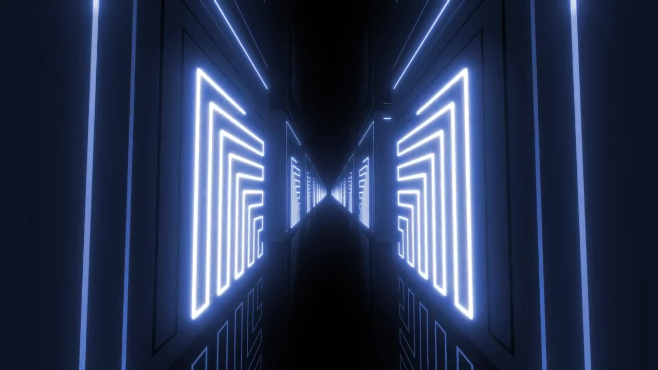 Dark corridor between blocks with blue neon lights