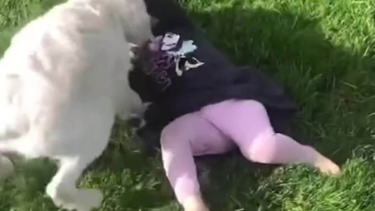 Dog helps toddler up the stairs