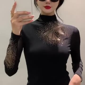 Autumn New Half Turtleneck Long Sleeve Diamond Mesh T-shirt #womensfashion #womensclothing