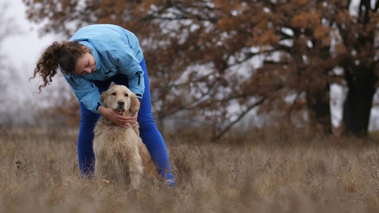 Joyful loving young female owner petting her lovely labrador retriever in autumn park