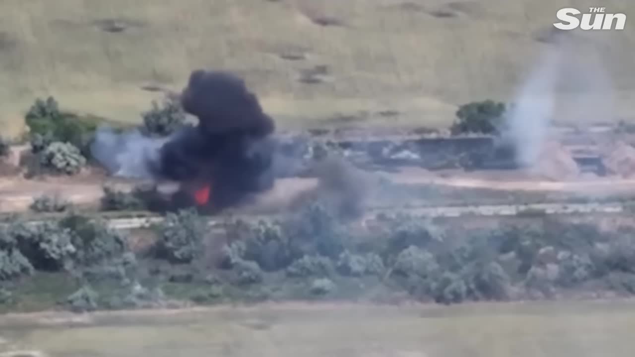 Ukrainian forces target a Russian line of trenches and camouflaged dugouts