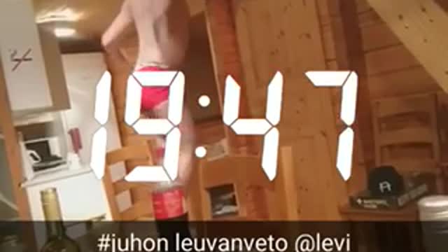 Red underwear jumps to wooden stairs to do pullups but falls on head