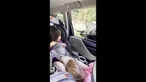 Little girl fearlessly hand feeds giant bison