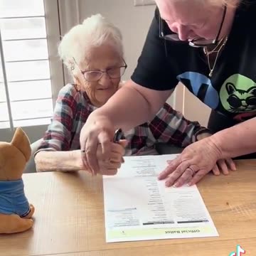 Elderly lady coerced into voting for Kamala Harris.