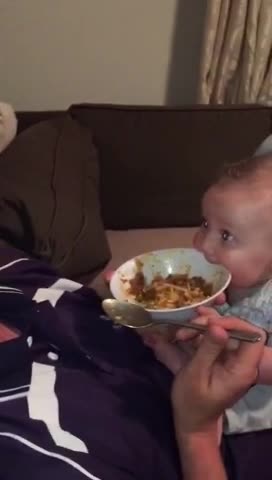 Hungry Baby Super Excited For Spaghetti Dinner