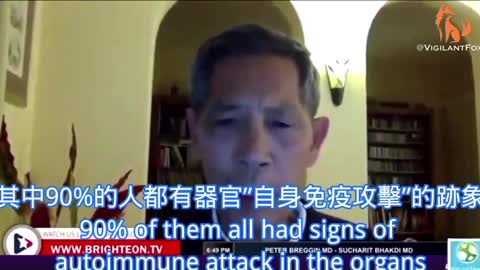 Dr. Bhakdi 陳述了德國🇩🇪病理學家疫苗後屍檢結果。90%的人都有器官自身免疫攻擊的跡象，而幾乎可以在任何器官發現刺突蛋白