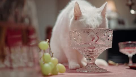 A White Cat Licking A Crystal Glass