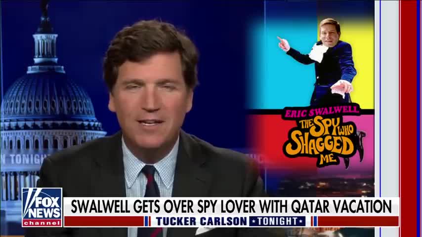 Tucker reacts to Eric Swalwell going topless in Qatar on Fox News