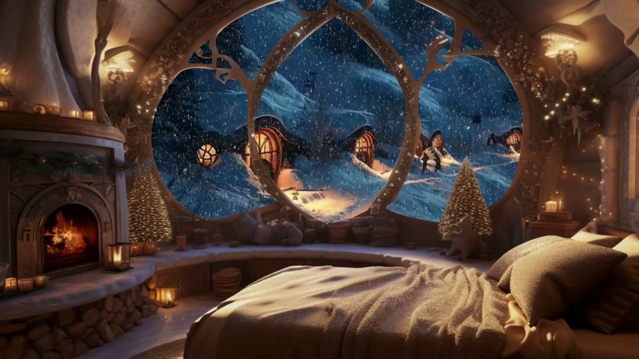 Hobbit Home Snow Sleep Video Wind and Fireplace Fire Sounds