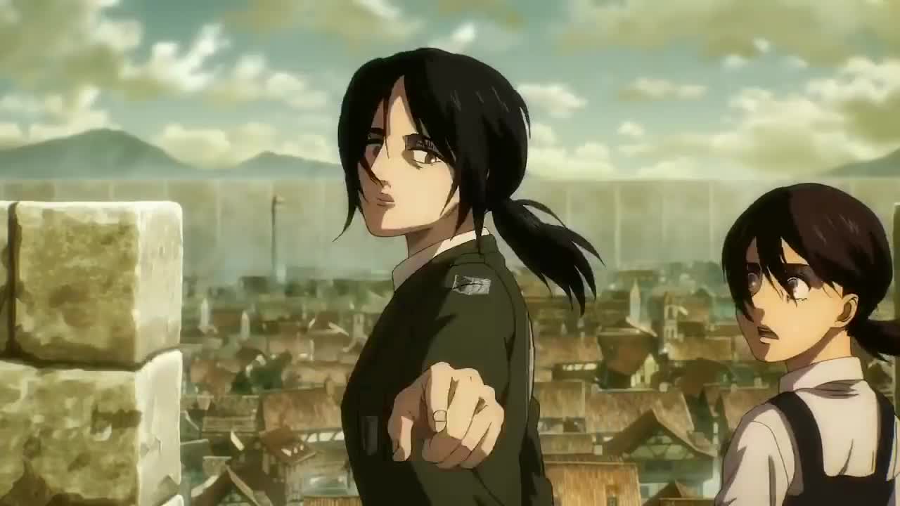 Pieck shows where the enemies are to Eren