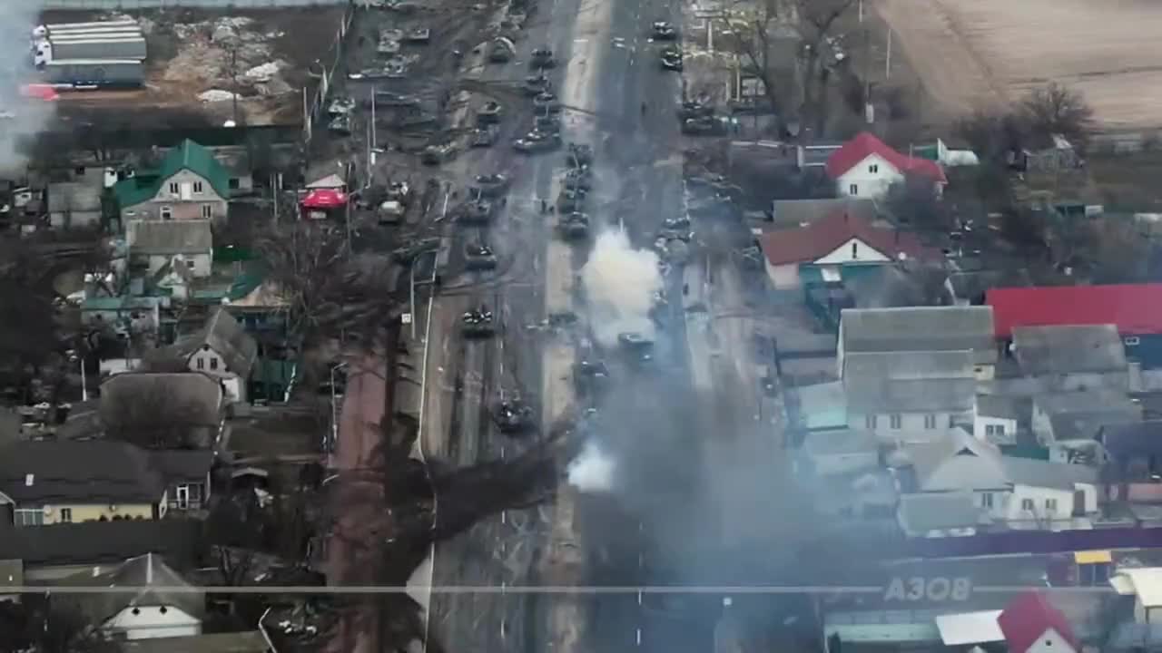 A very large Russian column of tanks was hit by Ukrainian drones