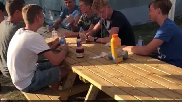 6ix9inechallenge guys spray drinks all over bench canopy