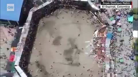 Video shows collapse of stadium during bullfight.