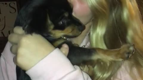 Black dog growls and tries to bite girl when she's hugging it