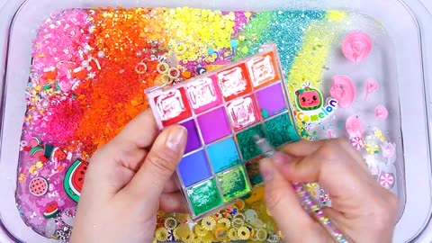 Cocomelon rainbow slime mixing random cute shiny things into slime asmr