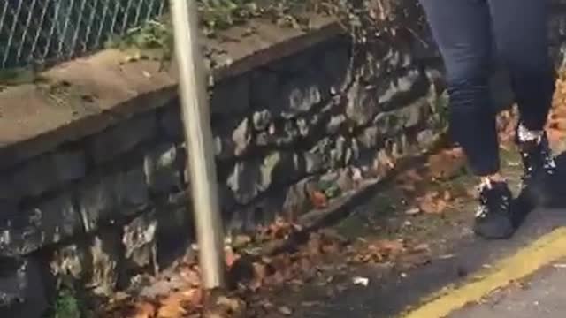 A guy in black jumpsuit jumps fence falls