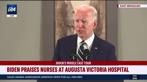 US President Joe Biden makes a speech about Augusta Victoria hospital in east Jerusalem