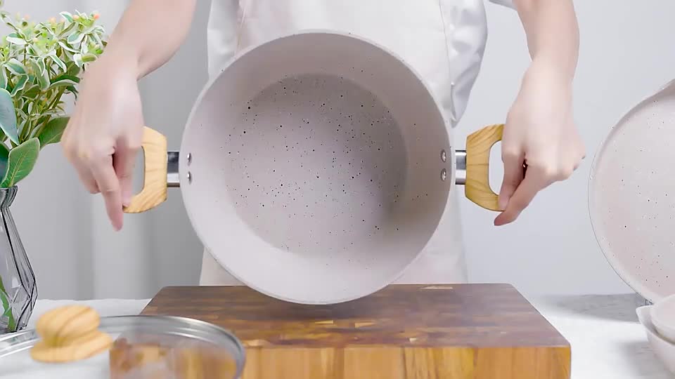 White Marble Non Stick Pots And Pans With Wooden Handle Cookware Sets