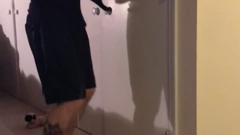 Black cat jumps at white hanger is caught by owner
