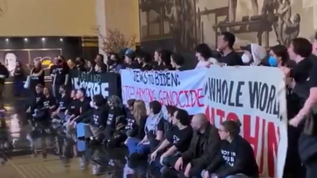 Pro-Palestinian protesters have taken over the NBC's Center lobby to disrupt President Biden