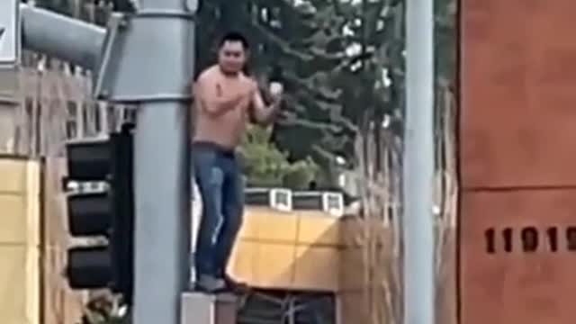 Police get man down from traffic light by offering him beer