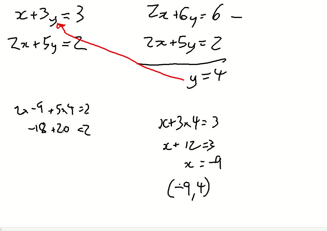 Simultaneous Equations, elimination; x+3y=3 & 2x+5y=2