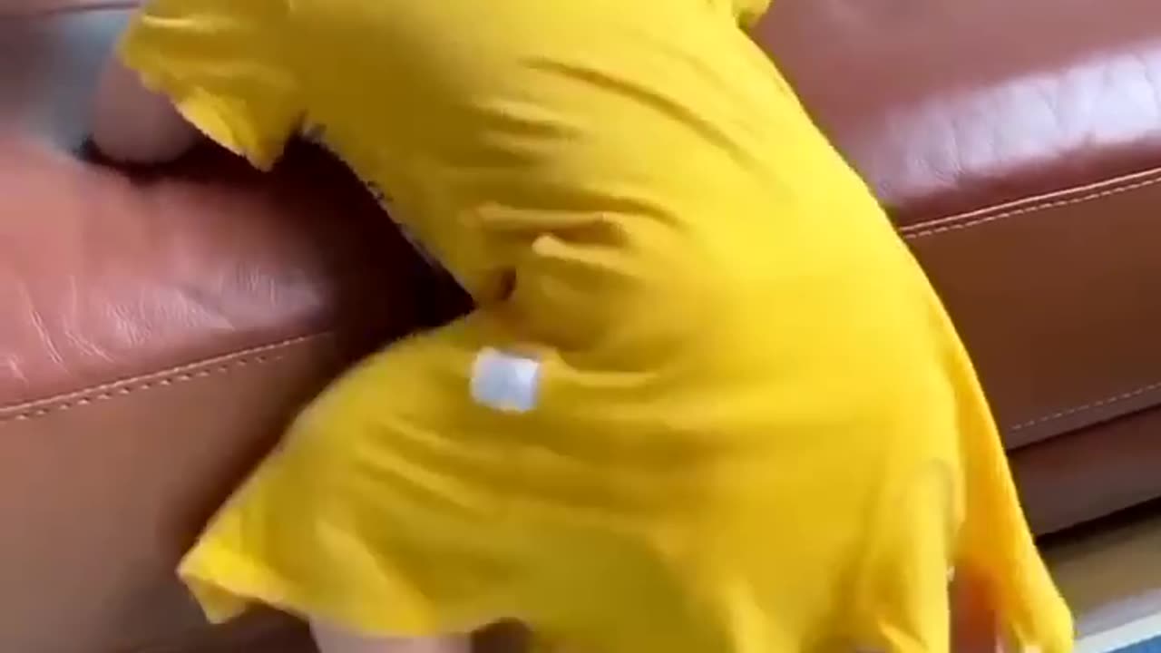 Cute baby crawling the sofa