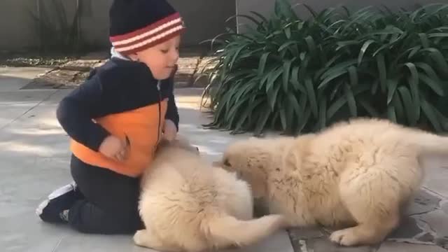 Little boy adorably cuddles with baby dog cute 😘