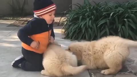 Little boy adorably cuddles with baby dog cute 😘