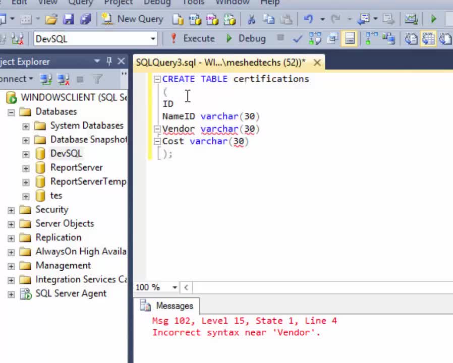 How to create SQL server database tables