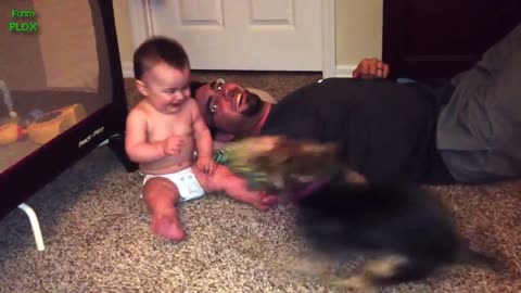 Funny baby videos playing with dog