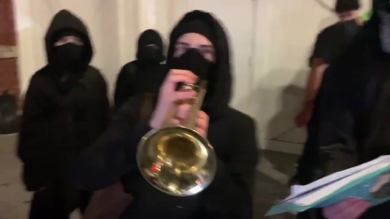 Nov 5 2019 Portland 1.0 outside Dinesh and Brandon Strocka event Antifa band loiters