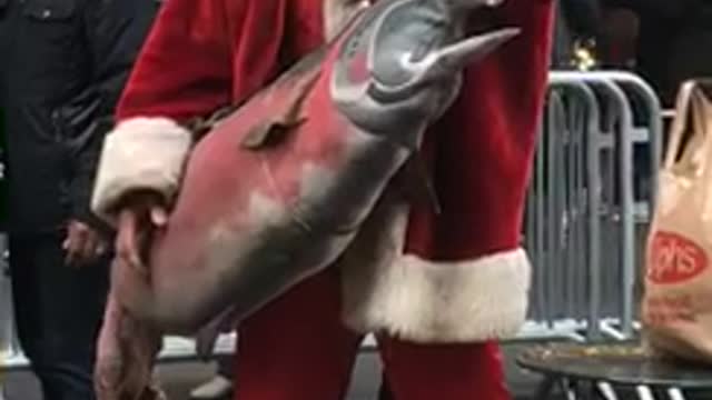 Giant tuna old man santa costume on street