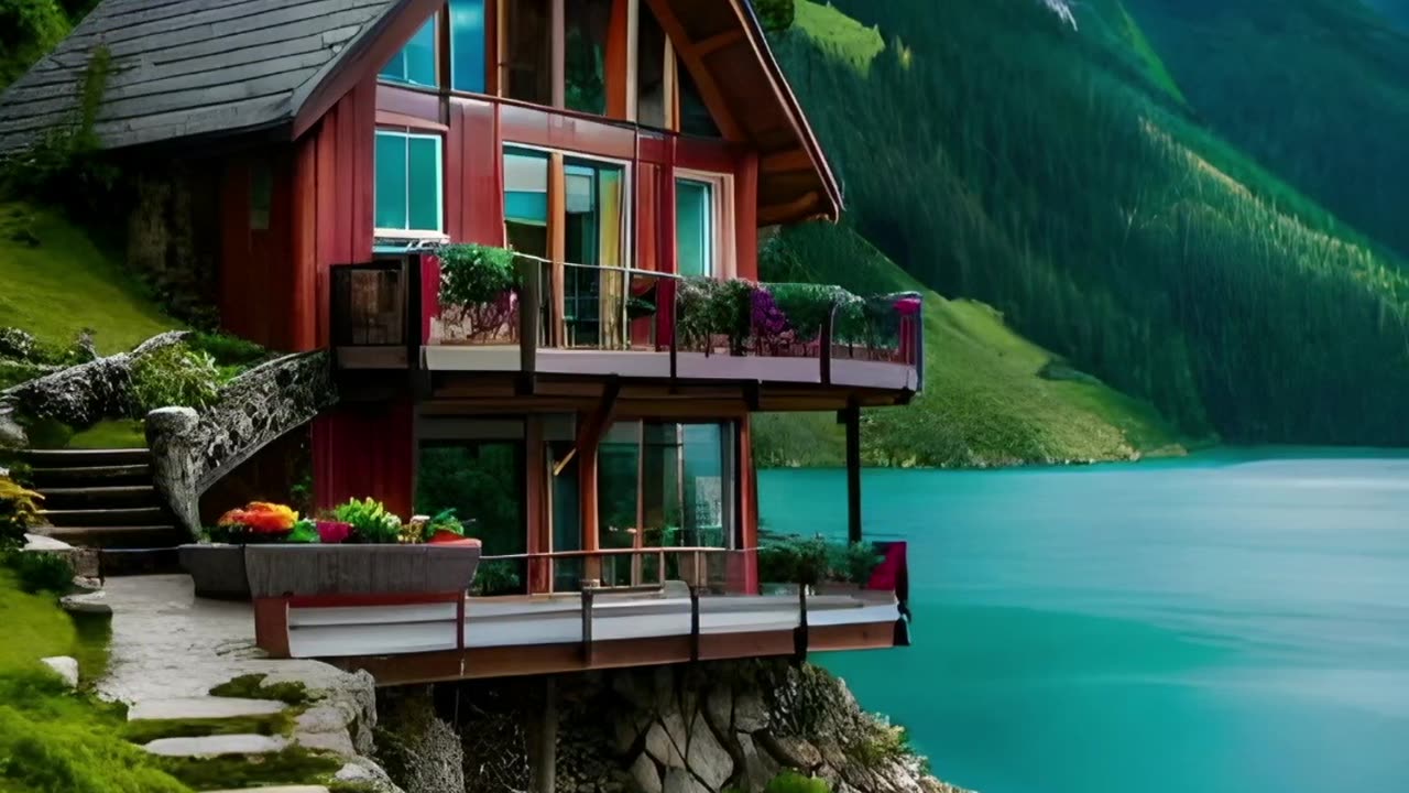 A beautiful house near river in green landscape