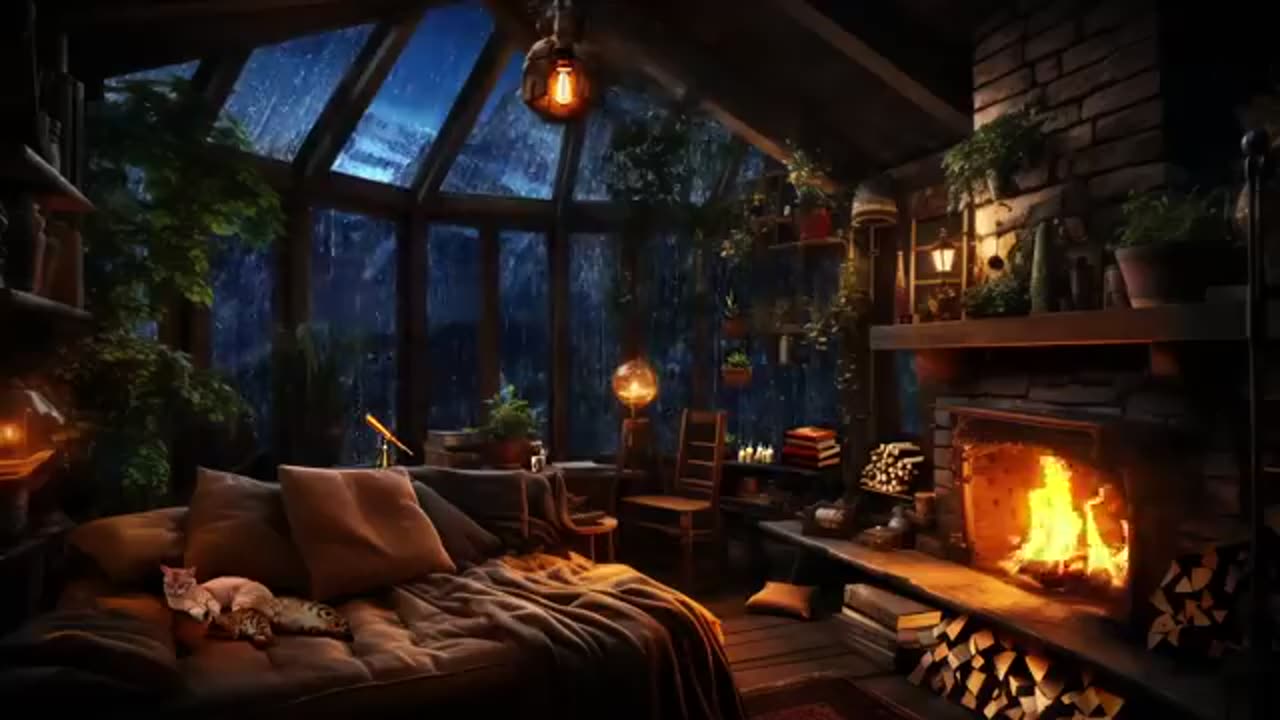 Thunderstorm with Lightnings, Rain, Crackling Fireplace & Sleeping Cats in a Cozy Cabin.mp4