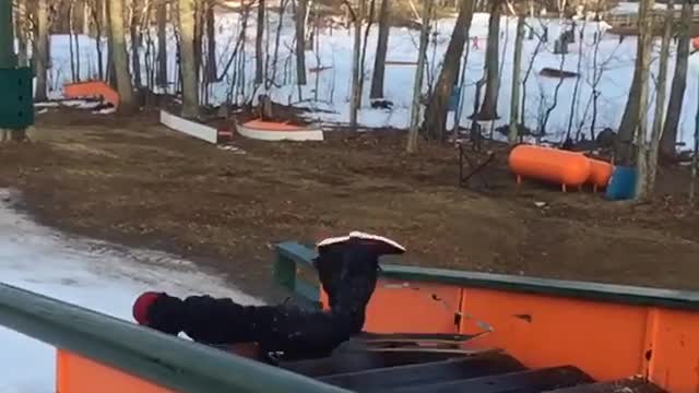 Skateboard on ski stair faceplant