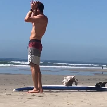 Shirtless guy beach praising the sun