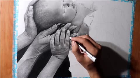 Realistic drawing of a baby by holded by 10 hands