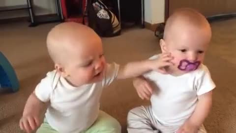 TRy not to laugh. Twin baby girls fight over pacifie