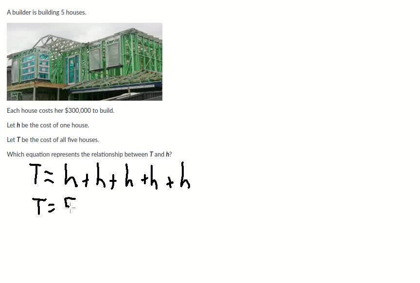 She builds 5 houses at $300,000 each, what is the equation that represents this?