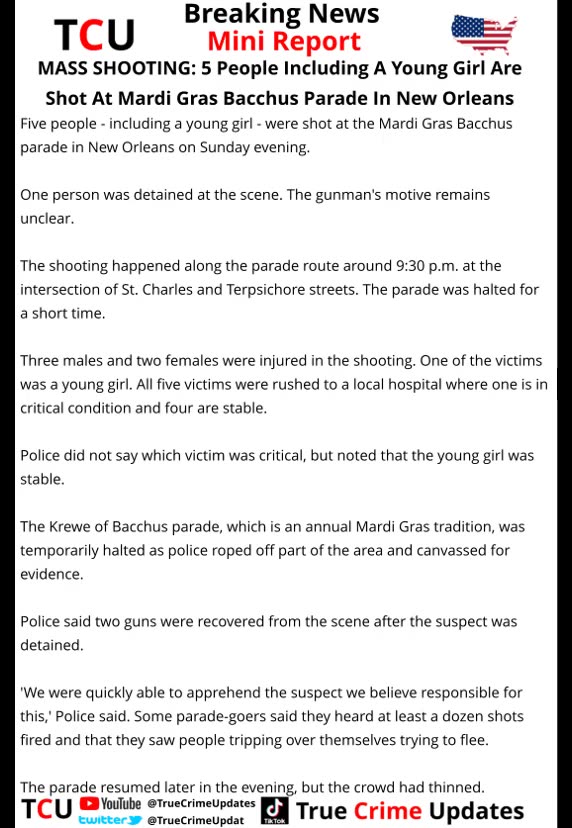 MASS SHOOTING: 5 People Including A Young Girl Are Shot At Mardi Gras Bacchus Parade In New Orleans