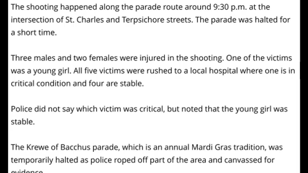 MASS SHOOTING: 5 People Including A Young Girl Are Shot At Mardi Gras Bacchus Parade In New Orleans