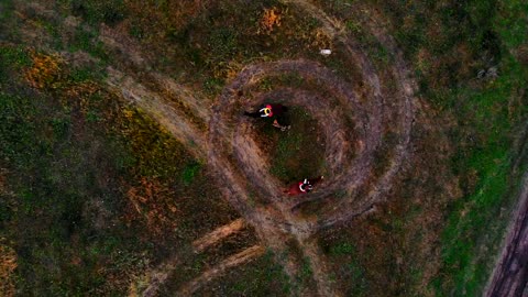 Horses with equestrians and a dog going in circles on the field