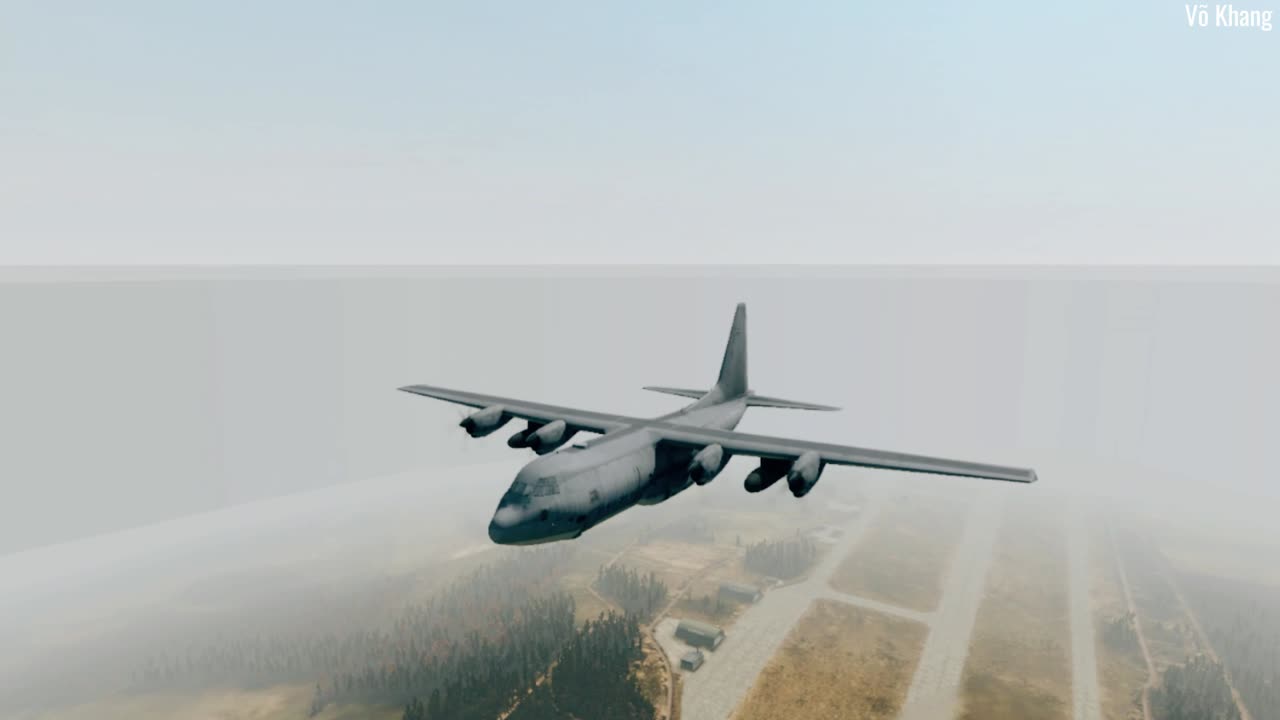 C-130 transport aircraft conducts airborne paratrooper drop exercise