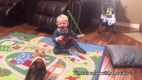 Cute babies playing with cute cats