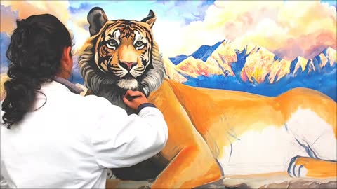 Giant mural painting Tiger with landscape