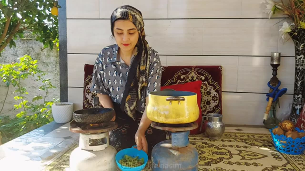 cooking celery stew and planting strawberries in a pot with an Iranian girl